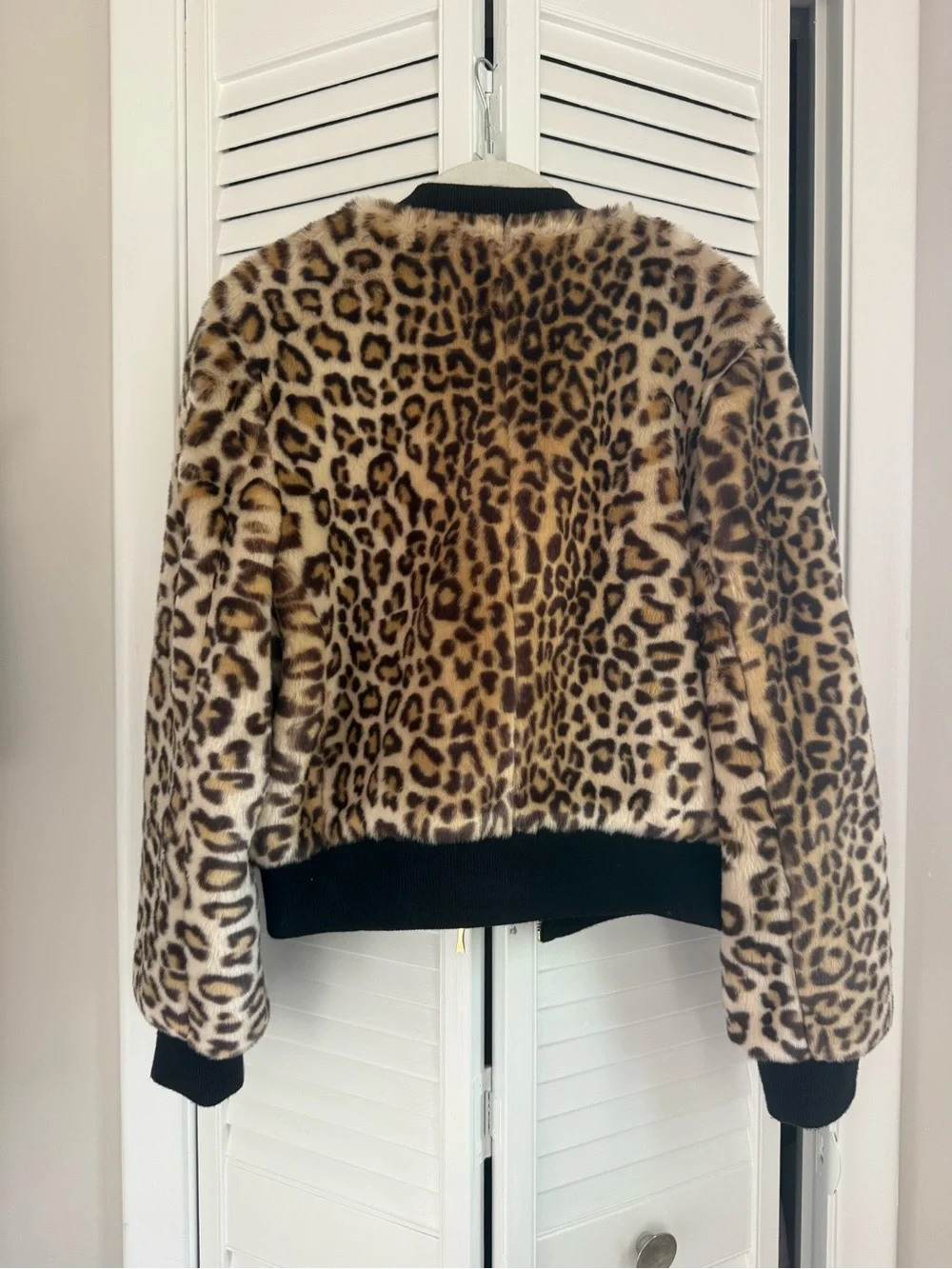 Kate Spade New York Leopard Faux Fur Bomber Jacket with Black Trim